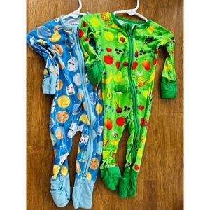 Little Sleepies Zippies Bamboo Pajamas 3-6 Months Milk Cookies Fruit Veggie 2pk
